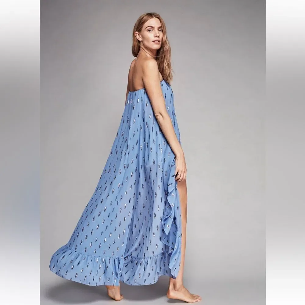 NWT Free People On My Mind Ruffle Maxi Silk Dress in Glacier blue